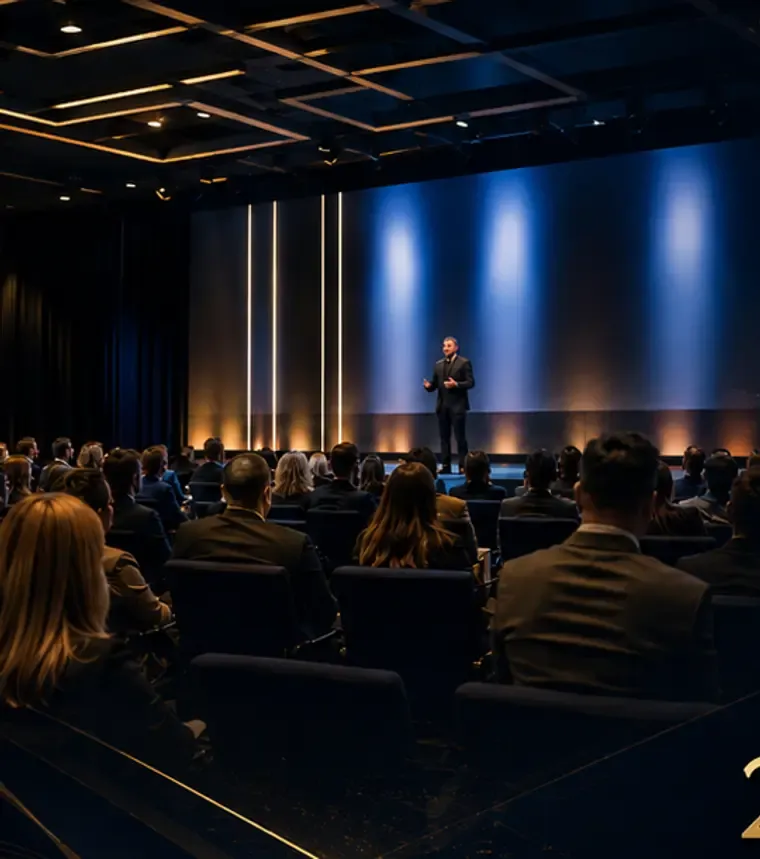 Palco e plateia em um ambiente corporativo premium durante o BBI